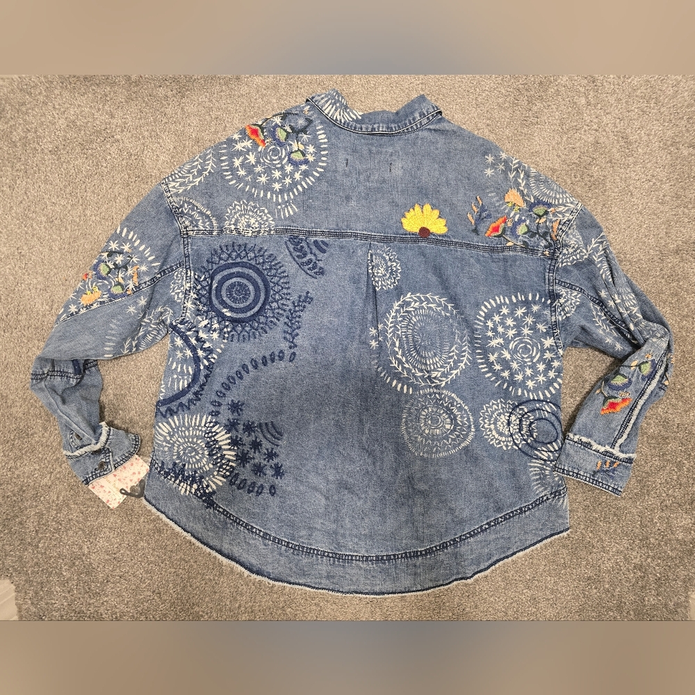 Marrakesh Free People Embroidered Denim Top Jacket NWT Boho Hippie Funky Boxy - Picture 6 of 14
